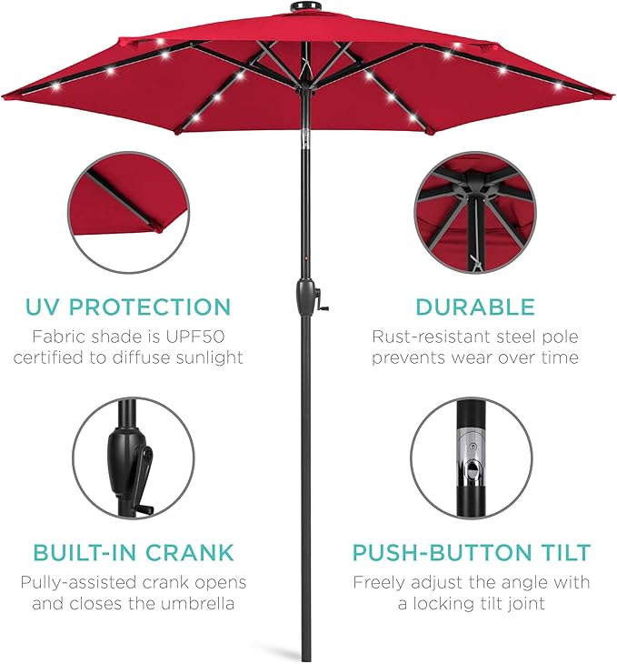 Best Choice Products 7.5ft Outdoor Solar Market Table Patio Umbrella for Deck, Pool w/Tilt, Crank, LED Lights - Red