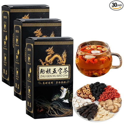 SIRDIKA Ginseng Five Treasures Tea Kidney Tea, Zhu Gen Wu Bao Cha, Wubao Tea - Chinese Kidney Care Tea, Men’s Herbal Tea (30bag/3boxes)