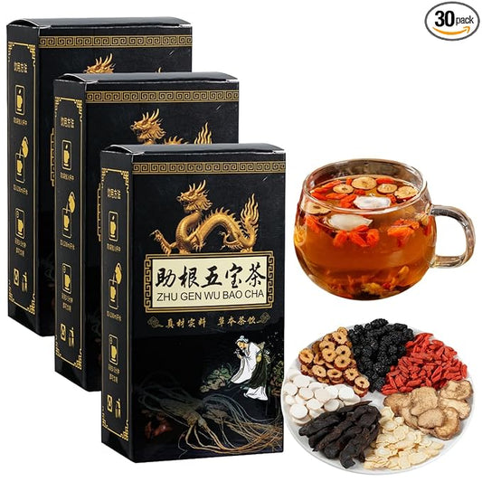 SIRDIKA Ginseng Five Treasures Tea Kidney Tea, Zhu Gen Wu Bao Cha, Wubao Tea - Chinese Kidney Care Tea, Men’s Herbal Tea (30bag/3boxes)