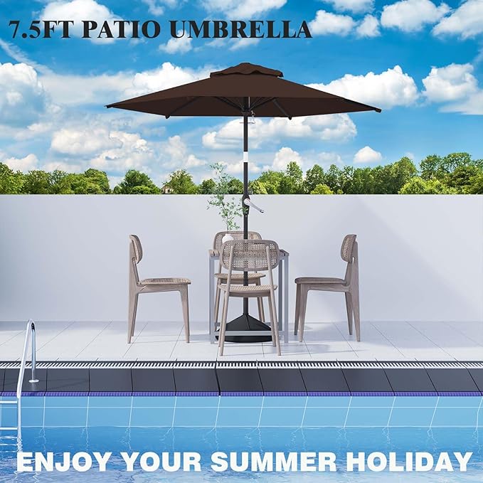 7.5FT Patio Umbrella Table Market Umbrella w/Tilt and Crank Heavy-Duty Round Outdoor Umbrellas for Garden, Deck, Backyard, Pool and Beach, Brown