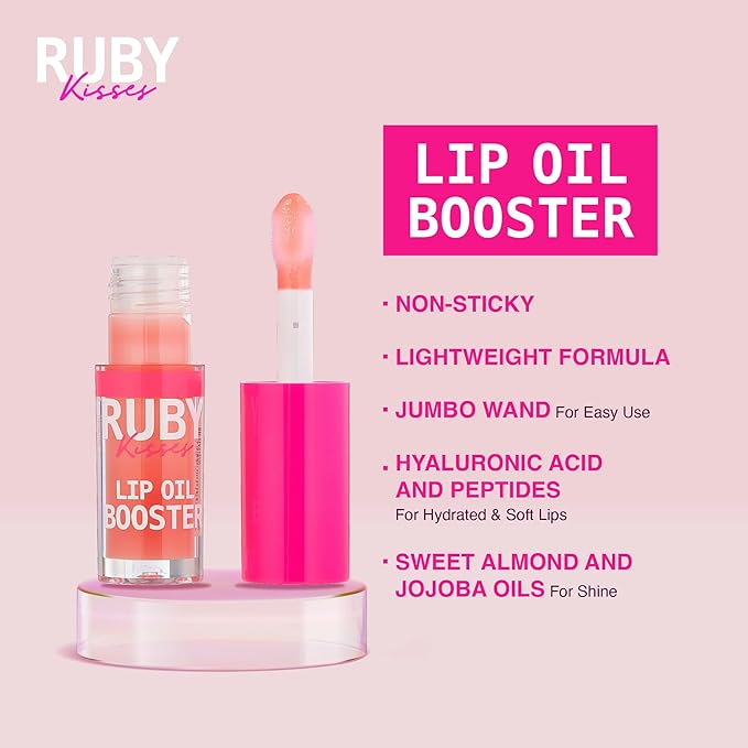 Ruby Kisses Lip Oil Booster, Hydrating Lip Gloss with Nourishing Natural Oil Blend, Jumbo Wand for Easy Application, Non-Sticky Formula