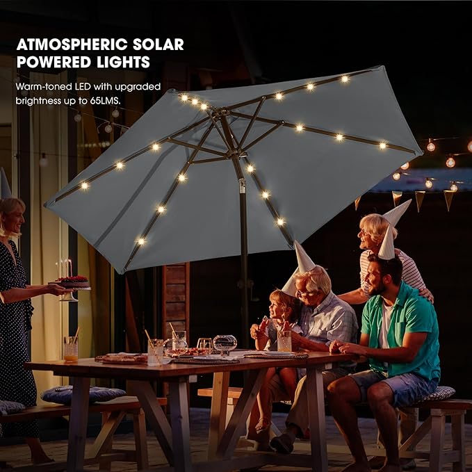 wikiwiki 7.5ft Solar Led Patio Umbrella, Sturdy Outdoor Market Umbrella for Deck, Pool, Garden w/Tilt, Crank, 18 LED Lights, Dark Gray