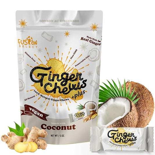 Fusion Select Coconut Ginger Chews - Sweet Soft Candied Delights From Indonesia - Promotes Relief From Morning Sickness, Upset Stomach - Made from Real Ginger Root, Non-GMO, Vegan Candy