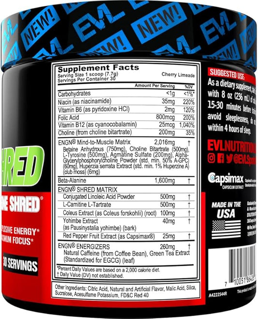 EVL Ultimate Pre Workout Powder - Thermogenic Fat Burner Preworkout Powder Drink for Lasting Energy Focus and Stamina - ENGN Shred Intense Fat Burning Creatine Free Preworkout Drink - Cherry Limeade
