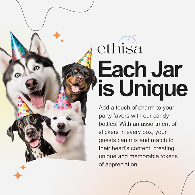Small 12 Pack Dog Party Favors - DIY Candy Jars with Ribbons and Stickers - Puppy Pawty Decoration Bottles for Birthday, School Classroom - Paw Pup Treat Table Centerpiece for Kids and Adults
