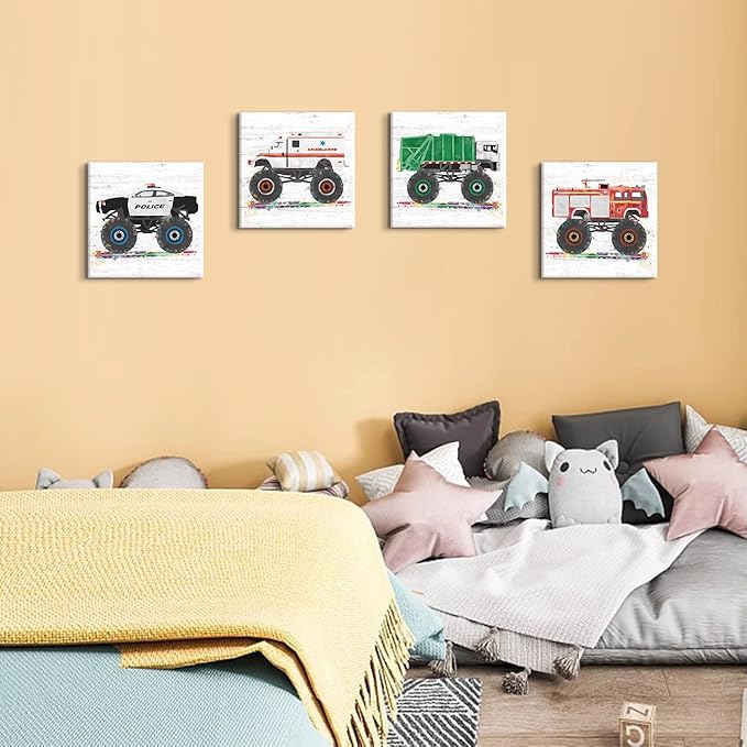 Monster Truck Room Decor Vehicles Pictures Wall Art Cartoon Car Canvas Prints for Boys Room Kids Bedroom Nursery Garbage Firetruck Ambulance Police Car Painting Artwork Home Decorations 20x20” 4 Pcs
