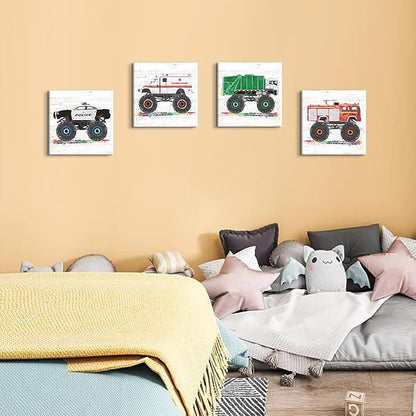 Monster Truck Room Decor Vehicles Pictures Wall Art Cartoon Car Canvas Prints for Boys Room Kids Bedroom Nursery Garbage Firetruck Ambulance Police Car Painting Artwork Home Decorations 20x20” 4 Pcs