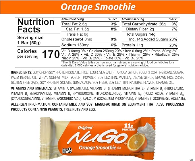 NuGo Original Variety, Vanilla Yogurt 15 bars & Orange Smoothie 15 bars, 11g Protein, Gluten Free, 30 Count
