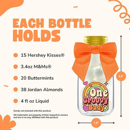 Small 12 Pack One Groovy Baby Party Favors - DIY Candy Jars with Ribbons and Stickers - Funky Party Decoration Bottles for 1st Birthday Bash for Boy or Girl - Retro Hippie Table Centerpieces