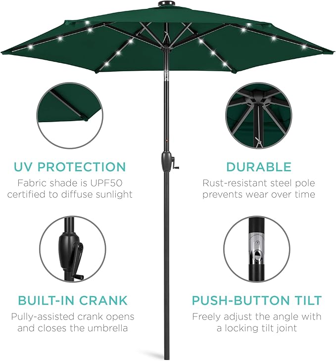Best Choice Products 7.5ft Outdoor Solar Market Table Patio Umbrella for Deck, Pool w/Tilt, Crank, LED Lights - Green