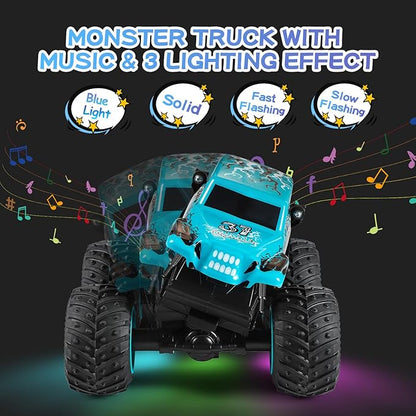 DYODYORC Remote Control Car, 2.4Ghz All Terrain Monster Truck Toys, RC Truck with Music, 3 Lighting Effects, 360 Stunt Capable, All Included Ready to Run, Toy Gifts for Boys and Girls (Blue)