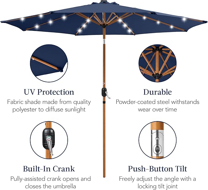 Best Choice Products 10ft Solar Market Patio Umbrella w/Woodgrain Pattern Pole, LED Lights, Tilt & Crank – Outdoor Sun Shade for Backyard Table, Deck, Poolside – Navy Blue