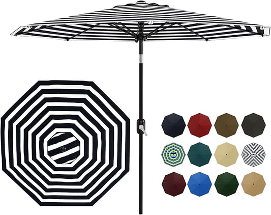 9Ft Patio Umbrella - 8 Sturdy Ribs Outdoor Table Umbrella with Crank Lift & Push Button Tilt - Market Umbrella for Pool, Deck, Yard, Garden - Black & White Stripe