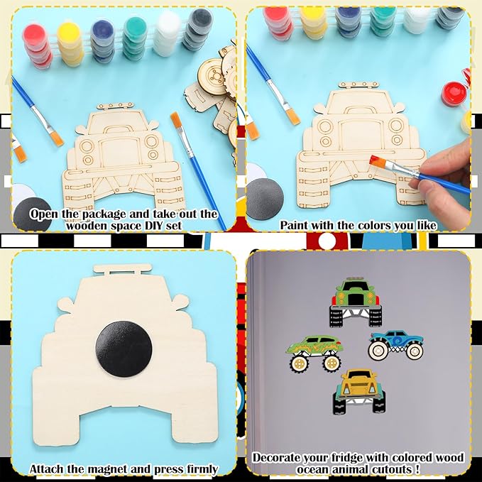24 Pcs Unfinished Wood Monster Truck Cutouts Crafts Truck Party Favors Vehicles to Paint Wooden Car Magnets Ornaments DIY Tags Gift for Car Party Decoration Craft Project