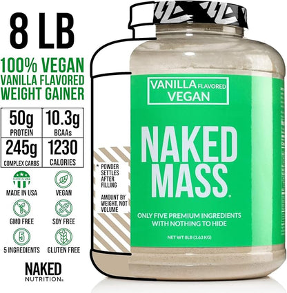 Naked Mass - Vanilla Vegan Weight Gainer - 8Lb Bulk, GMO Free, Gluten Free, Soy Free & Dairy Free. No Artificial Ingredients - 1,230 Calories - 11 Servings