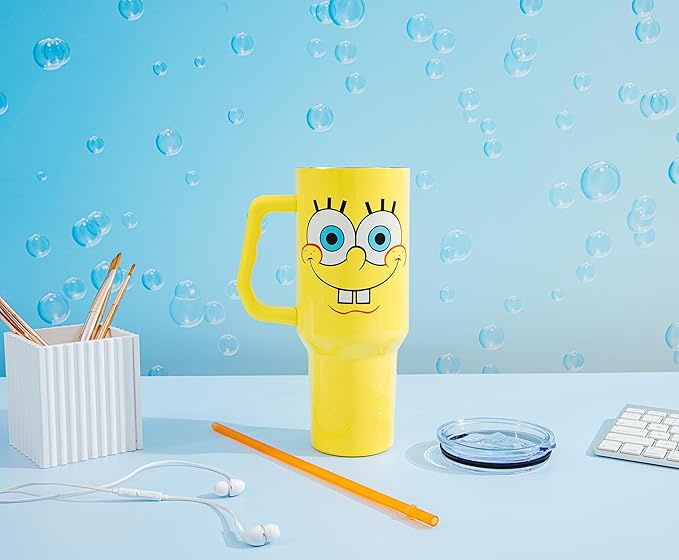 Silver Buffalo Spongebob Squarepants Smiling Face Stainless Steel Tumbler with Handle and Straw, Fits in Standard Cup Holder, 40 Ounces