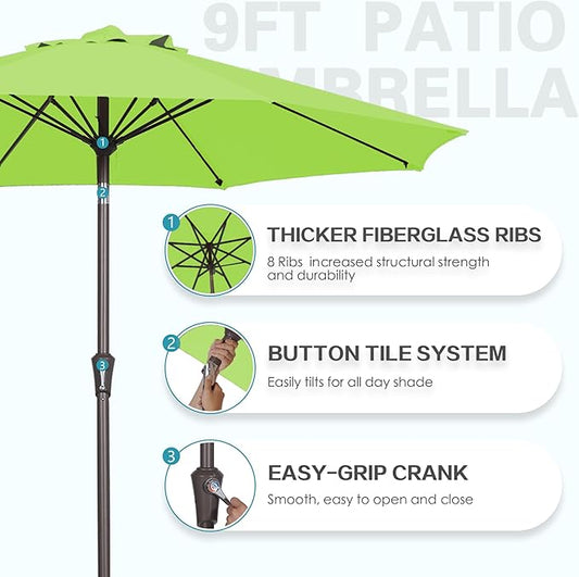 PatioKingdom 9FT Patio Outdoor Umbrella-UPF 50+ Sun Shade with Wind Vent, Push-Button Tilt & Smooth Crank Lift, Rust-Resistant Fiberglass Frame for Garden, Backyard,Yard