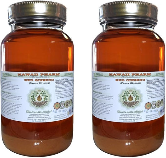 Red Ginseng Alcohol-Free Liquid Extract, Organic Red Ginseng (Panax Ginseng) Dried Root Glycerite Natural Herbal Supplement, Hawaii Pharm, USA 2x32 fl.oz