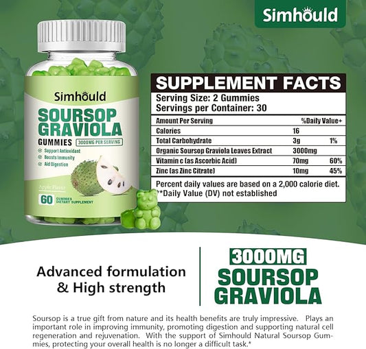 2 Pack Soursop Graviola Gummies - 3000mg Extra Strength Soursop Leaves Supplement with Vitamin C, Zinc - Digestive Aid, Immune Support & Antioxidant - Sugar-Free, Non-GMO, Vegan, 120 Counts