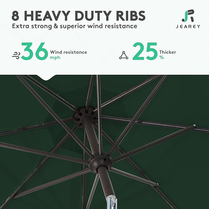 JEAREY 10FT Outdoor Patio Umbrella Outdoor Table Umbrella with Push Button Tilt and Crank, Market Umbrella 8 Sturdy Ribs UV Protection Waterproof for Pool, Garden (Dark Green)