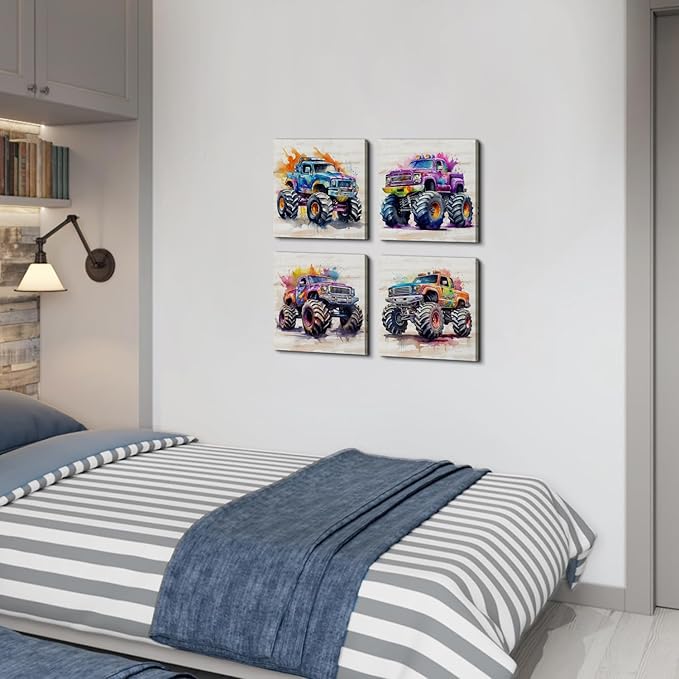 Car Room Decor Monster Truck Canvas Wall Art Framed Boys Room Rustic Farmhouse Cartoon Car Color Racing Vehicle Painting Canvas Prints Garage Playroom Men Bedroom Classroom Home Decoration 16×16" 4Pcs