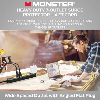 Monster Workshop Heavy-Duty Garage Power Strip Surge Protector - Mountable Heavy-Duty Wide-Spaced 7 Grounded AC Outlets with 4ft Angled Flat Plug - 1200 Joules - ETL Listed