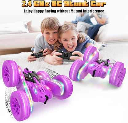 Remote Control Car,RC Cars with sides light strip and Headlights,Double Sided 360 Flips Rotating RC Stunt Car,2.4Ghz All Terrain Toys for Ages 4-6 Kid Toy for Boys Girls Birthday Gift(Purple)