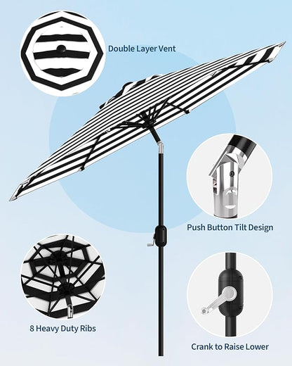 9FT Patio Umbrella Outdoor, Market Umbrella, Table Umbrella with Push Button Tilt and Crank, 8 Sturdy Ribs UV Protection Waterproof for Garden, Pool, Deck, Backyard (Black-and-white striped)