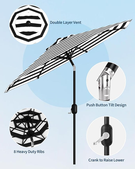 9FT Patio Umbrella Outdoor, Market Umbrella, Table Umbrella with Push Button Tilt and Crank, 8 Sturdy Ribs UV Protection Waterproof for Garden, Pool, Deck, Backyard (Black-and-white striped)