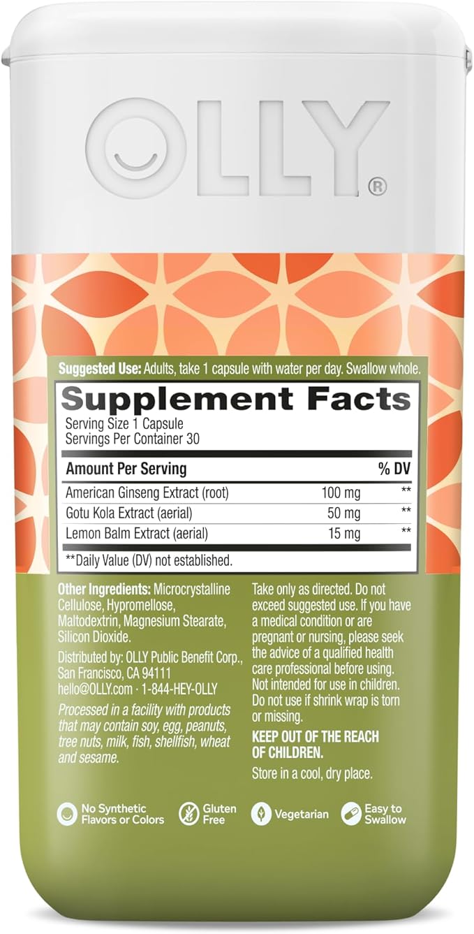 OLLY Focus Adaptogen, Ginseng, Gotu Kola, Mood Support Supplement, Vegetarian Capsules - 30ct