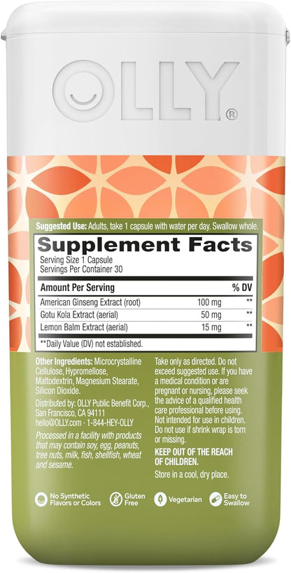 OLLY Focus Adaptogen, Ginseng, Gotu Kola, Mood Support Supplement, Vegetarian Capsules - 30ct
