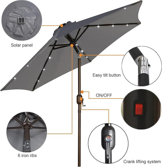 Blissun 7.5 ft Solar Umbrella, 18 LED Lighted Patio Umbrella, Table Market Umbrella