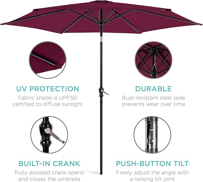 Best Choice Products 10ft Outdoor Table Compatible Steel Polyester Market Patio Umbrella w/Crank and Easy Push Button Tilt - Burgundy
