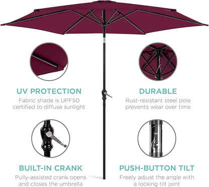 Best Choice Products 10ft Outdoor Table Compatible Steel Polyester Market Patio Umbrella w/Crank and Easy Push Button Tilt - Burgundy