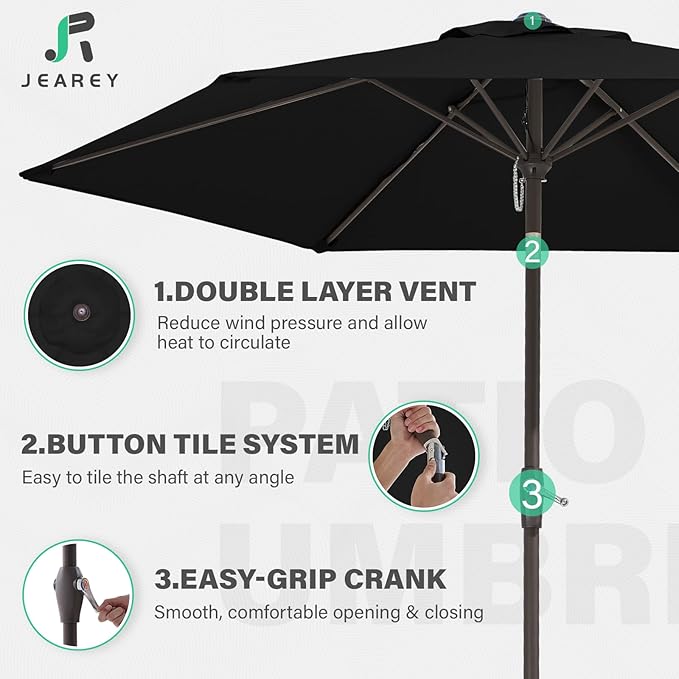 JEAREY 7.5FT Patio Umbrella Market Table Umbrella with 6 Sturdy Ribs, Push Button Tilt/Crank Outdoor Umbrella for Garden, Deck, Backyard, Pool and Beach,Black