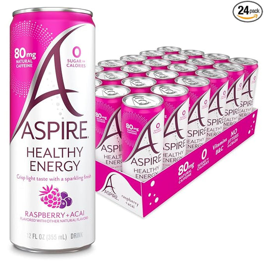 ASPIRE® Raspberry Acai 24 Pack - Sugar Free, Natural Caffeine Low Caffeine Sparkling Drink - Keto Friendly - Refreshing Sparkling Boost