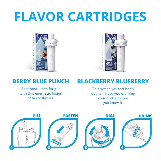 Cirkul 32oz. Chameleon Stainless Steel Water Bottle Starter Kit with Green Lid, 2 Flavor Cartridges (1 LifeSip Blackberry Blueberry, 1 GoSip Berry Blue Punch) Zero Calories and No Sugar