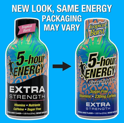 5-Hour ENERGY Shots Extra Strength | Tropical Burst Flavor | 1.93 oz. 30 Count | Sugar Free, Zero Calories | Amino Acids and Essential B Vitamins | Dietary Supplement | Feel Alert and Energized