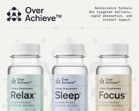 Supplement Variety Pack with Advanced Nanoscience Technology, 12 Pack, Stress Calming Relax Drink, Sleep Aid Drink, Nootropic Brain Supplement Focus Drink, 2 oz Shot