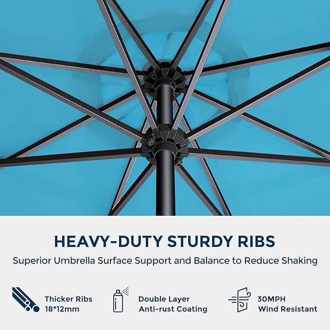 9ft Outdoor Patio Umbrella - UPF50+ UV Protection Market Patio Table Umbrella with Push Button Tilt, Crank and 8 Sturdy Ribs for Pool Deck and Garden (Light Blue, No base)