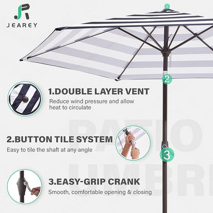 JEAREY 7.5FT Patio Umbrella Market Table Umbrella with 6 Sturdy Ribs, Push Button Tilt/Crank Outdoor Umbrella for Garden, Deck, Backyard, Pool and Beach,Black-White Stripe
