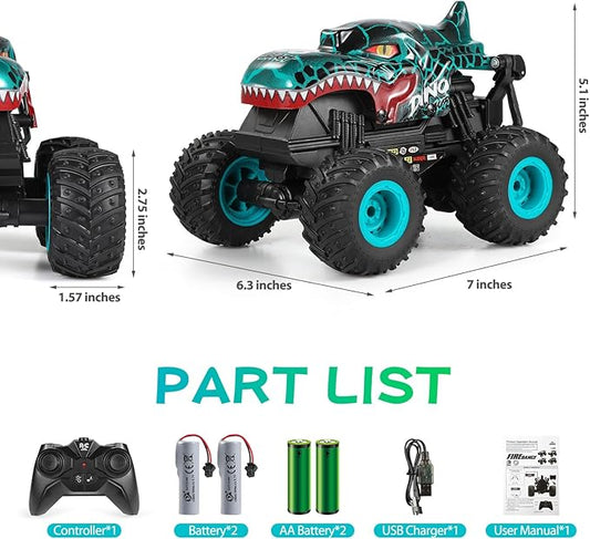 DYODYORC Remote Control Car, 2.4Ghz All Terrain Dinosaur Monster Truck Toys, RC Truck with Music, 3 Lighting Effects, 360 Stunt Capable, All Included Ready to Run, Toy Gifts for Boys and Girls (Cyan)