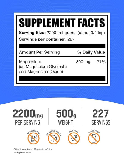 BulkSupplements.com Magnesium Glycinate Powder - Magnesium Bisglycinate, Magnesium Supplement, Magnesium Glycinate 400mg - Gluten Free - 2200mg per Serving, 500g (1.1 lbs) (Pack of 1)