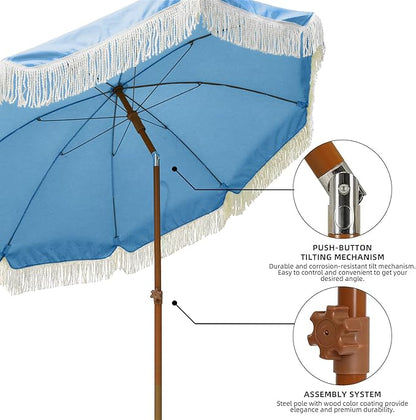 AMMSUN 7ft Patio Umbrella with Fringe Outdoor Tassel Umbrella UPF50+ Premium Steel Pole and Ribs Push Button Tilt, Sky Blue