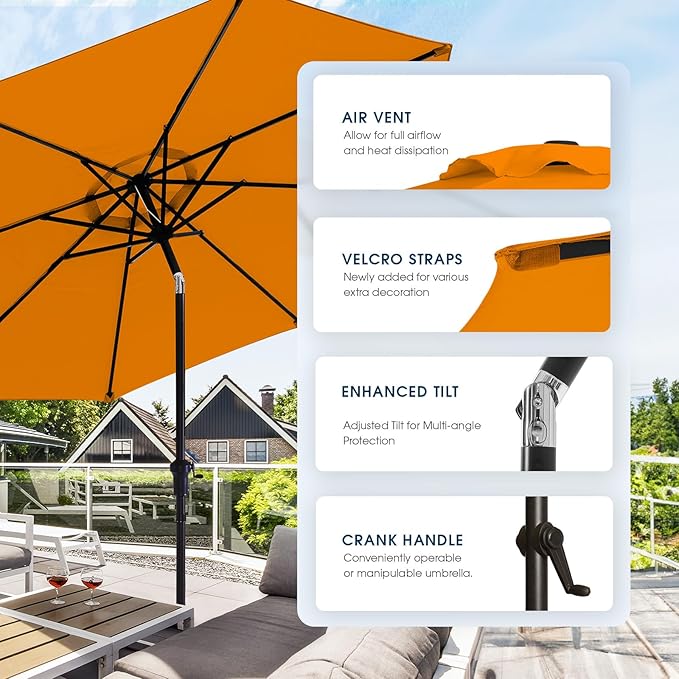 wikiwiki 9 FT Patio Umbrellas Outdoor Table Market Umbrella with Push Button Tilt/Crank, 8 Sturdy Ribs, Fade Resistant Waterproof POLYESTER DTY Canopy for Garden, Lawn, Deck, Backyard & Pool, Orange