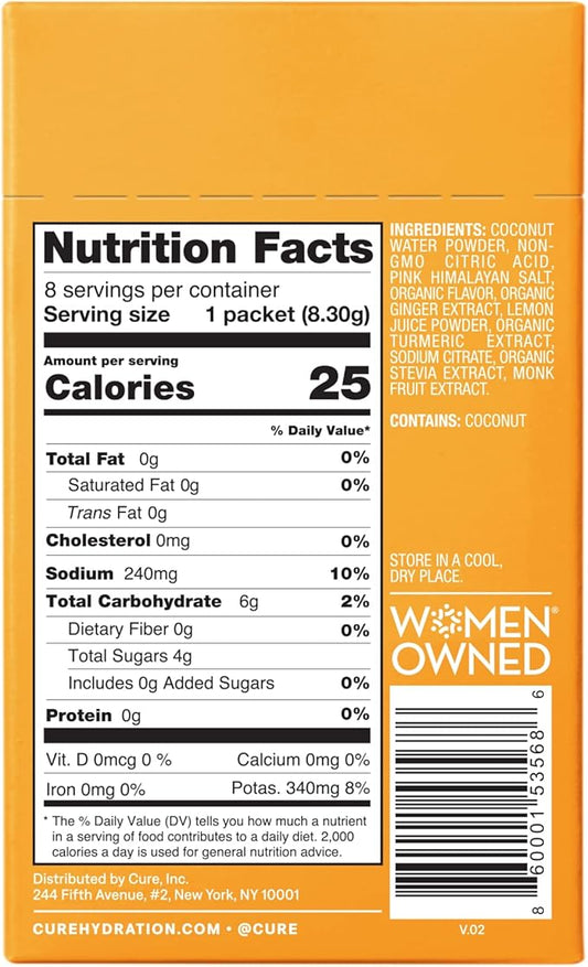 Cure Hydrating Plant Based Electrolyte Mix | Powder for Dehydration Relief | Made with Coconut Water | Non-GMO | No Added Sugar | FSA & HSA | Gluten Free | Box of 8 Packets - Ginger Turmeric