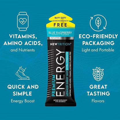 NewTrition Extra Strength Energy Shots, Caffeine Energy Shots with Vitamin B & Amino Acids, Sugar-Free Vitamin Energy Shot, 1.7 fl oz, Blue Raspberry, 12 Count