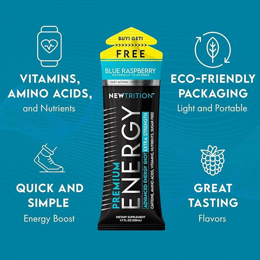 NewTrition Extra Strength Energy Shots, Caffeine Energy Shots with Vitamin B & Amino Acids, Sugar-Free Vitamin Energy Shot, 1.7 fl oz, Blue Raspberry, 12 Count