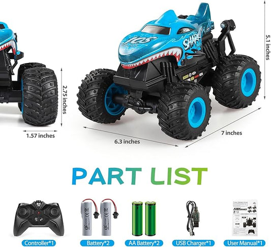 DYODYORC Remote Control Car, 2.4Ghz All Terrain Shark Monster Truck Toys, RC Truck with Music, 3 Lighting Effects, 360 Stunt Capable, All Included Ready to Run, Toy Gifts for Boys and Girls (Blue)