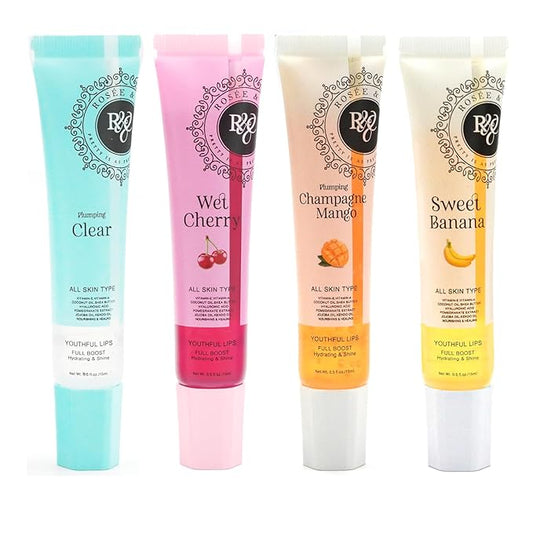 ROSÉE & CO Rosee Lip Gloss Vegan & Cruelty Free Treatment, Professional Make up, Long Lasting Glossy with Shea Butter, Moisturize, Protect & Smooth, High Shine, Non-Sticky - Set of 4-5